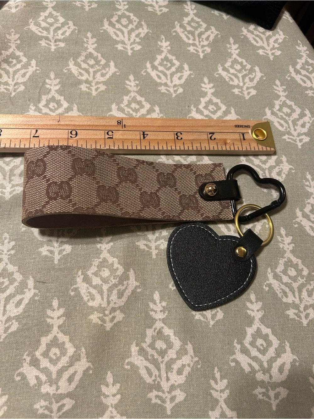 Designer-Inspired Brown Monogram Key Fob with Black Heart Charm